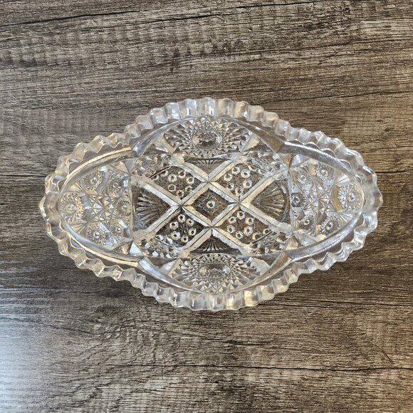 Vintage Open Glass Oval Candy Nut Dish Sawtooth Rim Heavy Clear - Picture 6 of 16